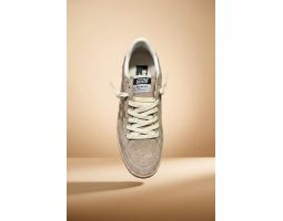 Ball Star in Beige Suede with Gold Metallic Leather Star and Bead Lettering