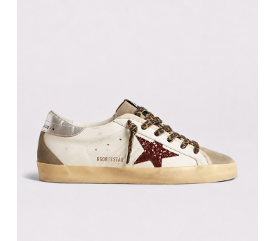 Golden Goose Super-Star with Burgundy Glitter Star and Silver Heel Tab Golden Goose Super-Star with Burgundy Glitter Star and Silver Heel Tab