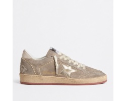 Ball Star in Beige Suede with Gold Metallic Leather Star and Bead Lettering