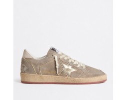 Ball Star in Beige Suede with Gold Metallic Leather Star and Bead Lettering