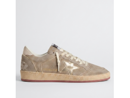 Ball Star in Beige Suede with Gold Metallic Leather Star and Bead Lettering