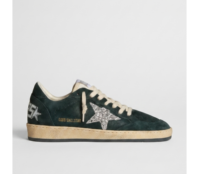 Golden Goose Ball Star Green Suede With Silver Glitter Star