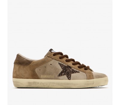 Golden Goose Super-Star in Beige and Brown Suede Wth Brown Glitter Star