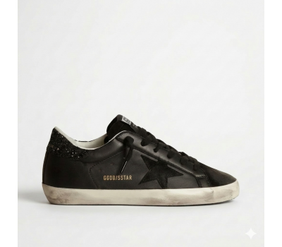 Golden Goose Super-Star In Black Nappa With Black Star And Glitter Heel Tab