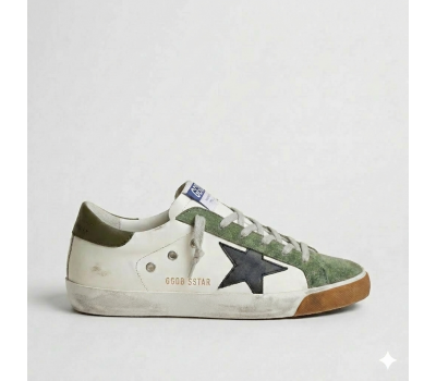Golden Goose Super Star White With Green Suede Toe And Black Star