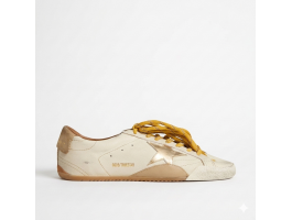 True-Star in White Nappa Leather With Gold Star and Beige Suede Heel Tab