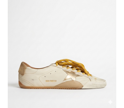 Golden Goose True-Star in White Nappa Leather With Gold Star and Beige Suede Heel Tab