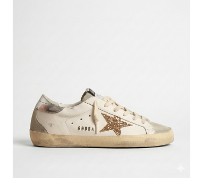 Golden Goose Super-Star With Gold Glitter Star and Ice-Gray Suede Inserts Golden Goose Super-Star With Gold Glitter Star and Ice-Gray Suede Inserts