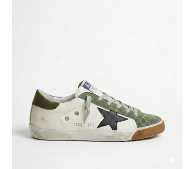 Golden Goose Super Star White With Green Suede Toe And Black Star