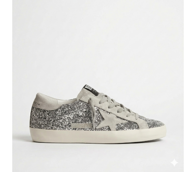 Golden Goose Super-Star in Silver Glitter With Ice-Gray Suede Golden Goose Super-Star in Silver Glitter With Ice-Gray Suede