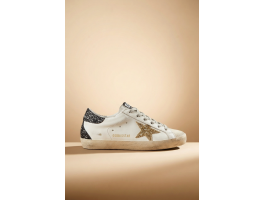 Super-Star In Nappa Leather With Gold Glitter Star And Black Glitter Heel tab